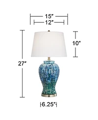 Asian Modern Table Lamp 27" Tall Teal Glaze Textured Ceramic Temple Jar White Tapered Drum Shade for Bedroom Living Room House Home Bedside Night