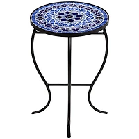 Cobalt Modern Black Metal Round Outdoor Accent Side Table 14" Wide Light Blue Mosaic Tile Tabletop Gracefully Curved Legs for Spaces Porch Patio Home