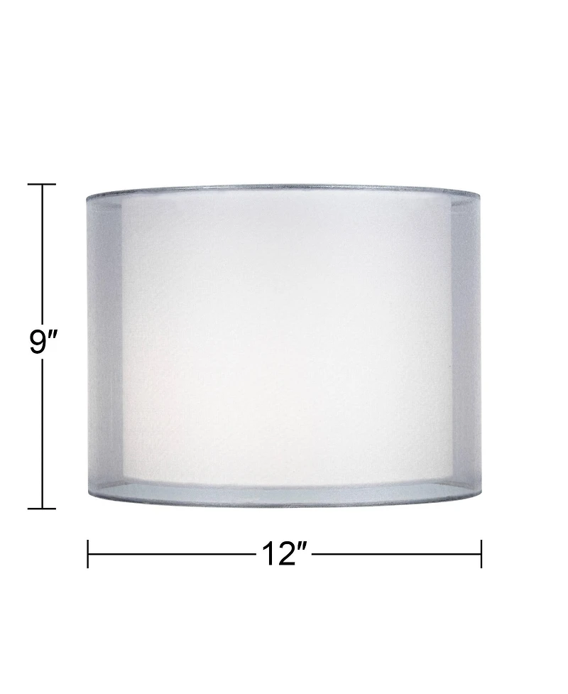 Springcrest Silver and White Double Sheer Small Drum Lamp Shade 12" Top x 12" Bottom x 9" High (Spider) Replacement with Harp and Finia