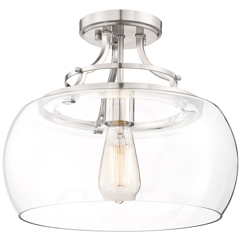 Franklin Iron Works Charleston Industrial Rustic Farmhouse Ceiling Light Semi Flush-Mount Fixture 13 1/2" Wide Brushed Nickel Led Clear Glass Shade fo