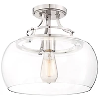 Franklin Iron Works Charleston Industrial Rustic Farmhouse Ceiling Light Semi Flush-Mount Fixture 13 1/2" Wide Brushed Nickel Led Clear Glass Shade fo