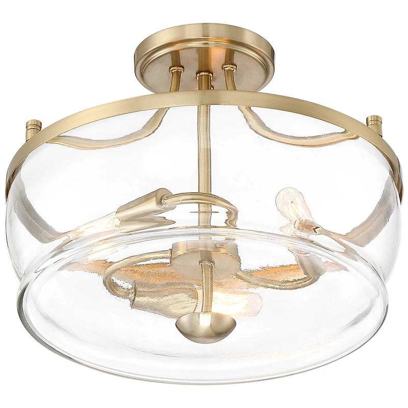Possini Euro Design Alia Modern Industrial Ceiling Light Semi Flush Mount Fixture 14" Wide 3-Light Warm Brass Gold Clear Glass Shade for Bedroom Hallw