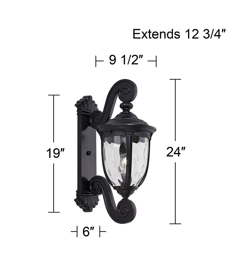 Bellagio European Outdoor Wall Light Fixture Texturized Black Dual Scroll Arm 24" Clear Hammered Glass for Exterior House Porch Patio Outside Deck Gar