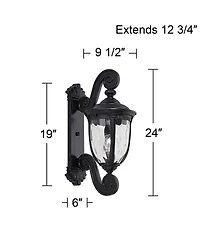 Bellagio European Outdoor Wall Light Fixture Texturized Black Dual Scroll Arm 24" Clear Hammered Glass for Exterior House Porch Patio Outside Deck Gar