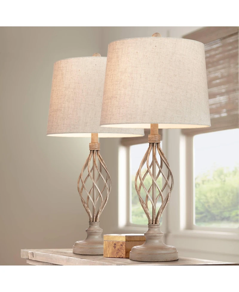 Franklin Iron Works Annie Modern Coastal Table Lamps 28" Tall Set of 2 Weathered Sand Iron Cream Tapered Drum Shade for Bedroom Living Room Bedsi