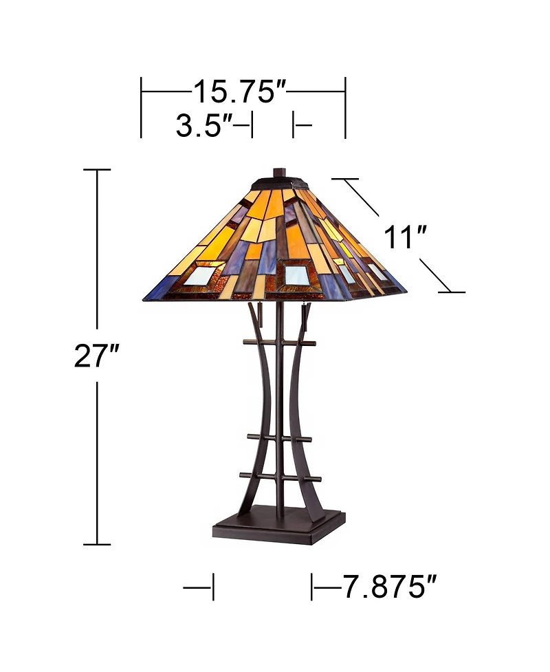 Robert Louis Tiffany Jewel Tone Mission Table Lamp 27" Tall Iron Bronze Geometric Stained Glass Art Shade for Bedroom Living Room Bedside Nightst