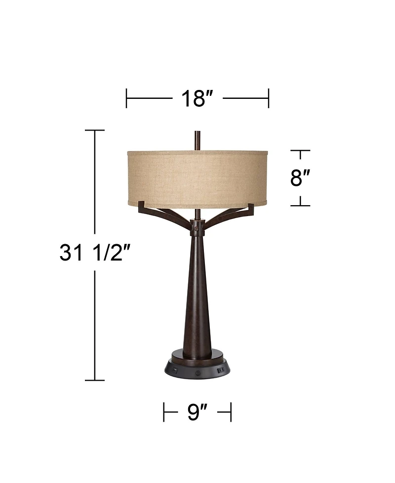 Tremont Rustic Farmhouse Table Lamp 31 1/2" Tall with Usb and Ac Power Outlets in Base Bronze Iron Dimmable Burlap Drum Shade for Bedroom Living Room