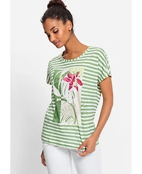 Olsen 100% Organic Cotton Short Sleeve Stripe and Placement Print T-Shirt