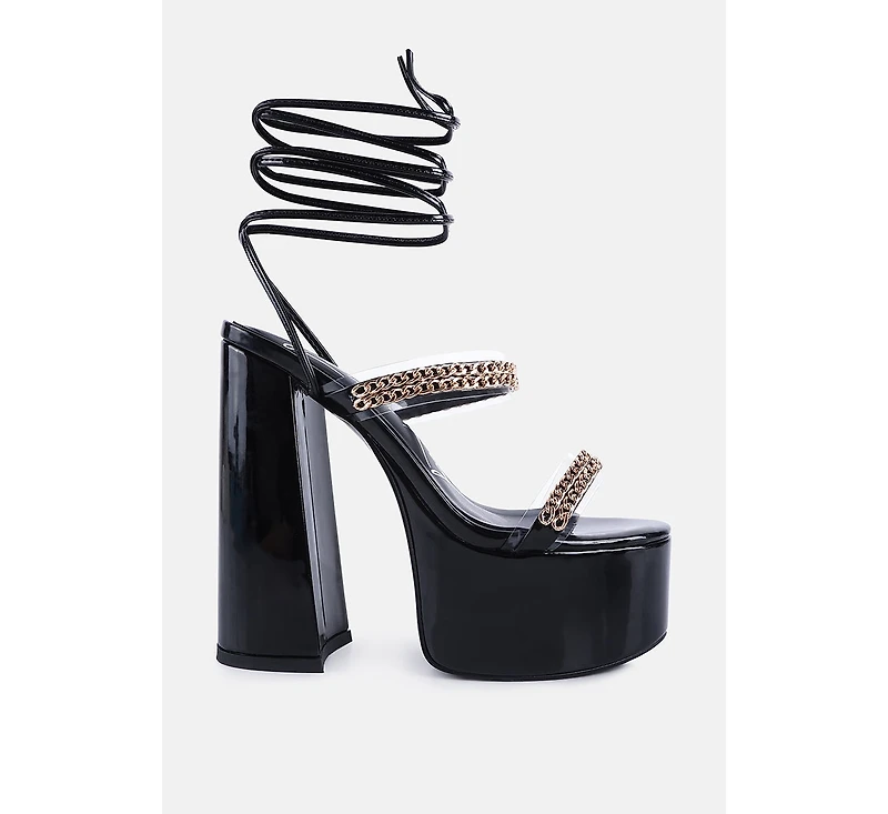 Indulgence Metal Chain Lace Up Chunky Sandals Women