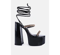 Indulgence Metal Chain Lace Up Chunky Sandals Women