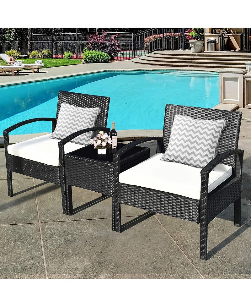 Sugift 3 Pieces Outdoor Rattan Patio Conversation Set with Seat Cushions