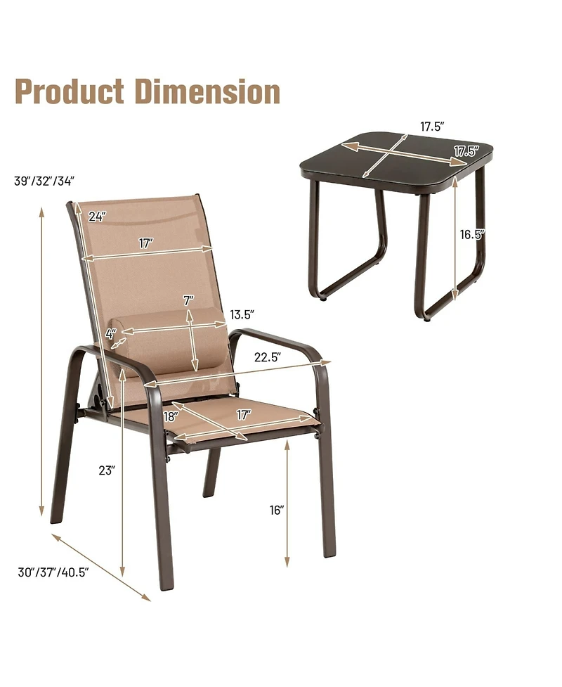Sugift 3 Pieces Stackable Patio Bistro Conversation Set with Adjustable Backrest