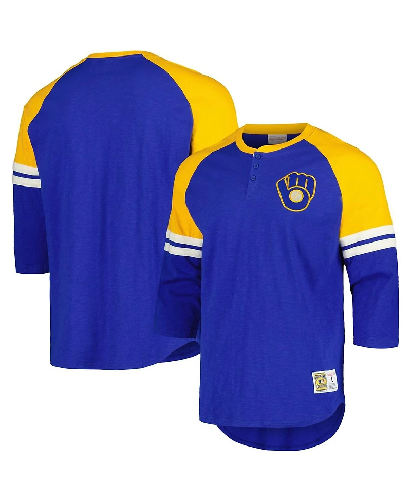 Mitchell & Ness Men's Royal Milwaukee Brewers Cooperstown Collection Legendary Raglan Slub Henley 3/4-Sleeve T-Shirt