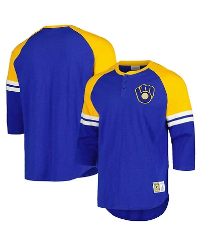 Mitchell & Ness Men's Royal Milwaukee Brewers Cooperstown Collection Legendary Raglan Slub Henley 3/4-Sleeve T-Shirt