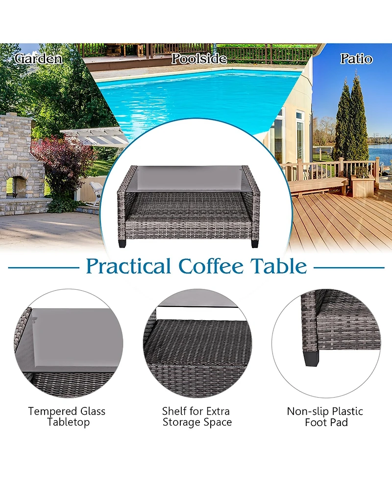8PCS Patio Rattan Furniture Set Coffee Table Cushioned Sofa Garden Lawn Gray