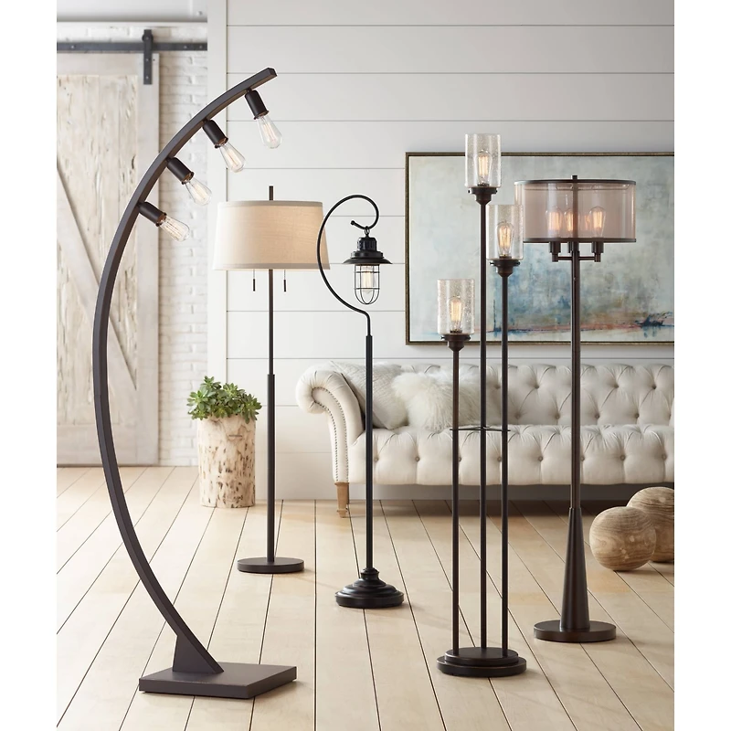 Franklin Iron Works Durango Rustic Farmhouse Floor Lamp 62" Tall Oiled Bronze Metal 3 Light Led Brown Sheer Drum Shade for Living Room Bedroom Of