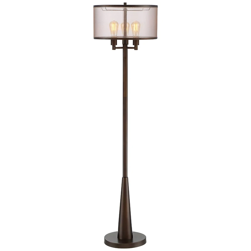 Franklin Iron Works Durango Rustic Farmhouse Floor Lamp 62" Tall Oiled Bronze Metal 3 Light Led Brown Sheer Drum Shade for Living Room Bedroom Of