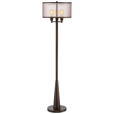 Franklin Iron Works Durango Rustic Farmhouse Floor Lamp 62" Tall Oiled Bronze Metal 3 Light Led Brown Sheer Drum Shade for Living Room Bedroom Of