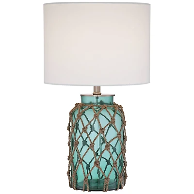 Crosby Coastal Natural Cottage Accent Table Lamp with Table Top Dimmer 22.5" High Blue Green Glass Rope Netting Off White Fabric Drum Shade for L
