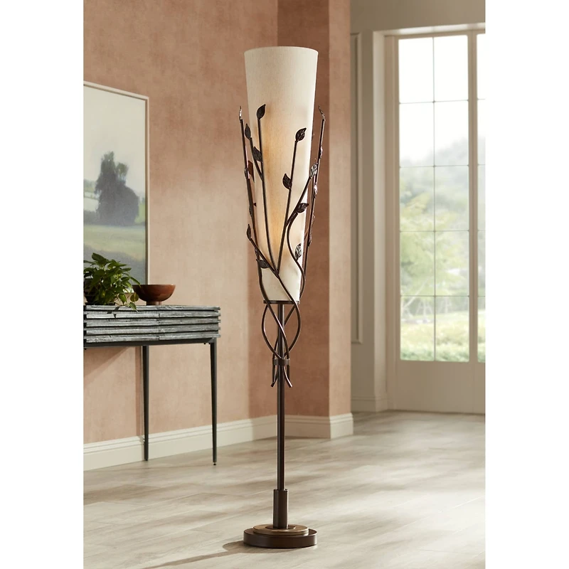 Franklin Iron Works Folia Rustic Industrial Floor Lamp 66" Tall Oil Rubbed Bronze Vine Linen Tapering Cone Shade for Living Room Bedroom House Ho