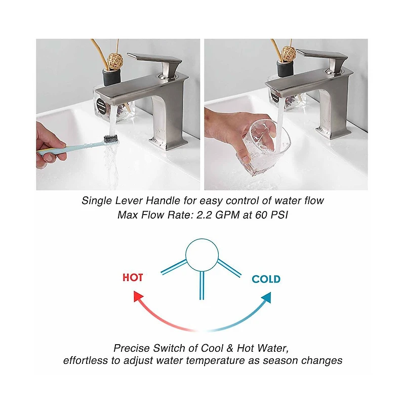 Aquaterior Simple 1 Hole Bathroom Square Faucet Undermount Sink Cold & Hot Water Nickel