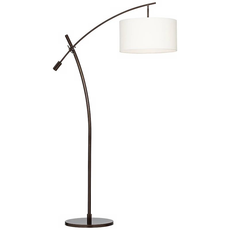 Possini Euro Design Raymond Modern Arc Floor Lamp 69" Tall Bronze Adjustable Boom Arm Off White Linen Drum Shade for Living Room Reading Bedroom