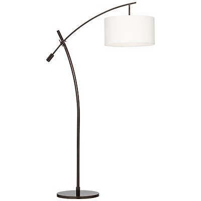 Possini Euro Design Raymond Modern Arc Floor Lamp 69" Tall Bronze Adjustable Boom Arm Off White Linen Drum Shade for Living Room Reading Bedroom