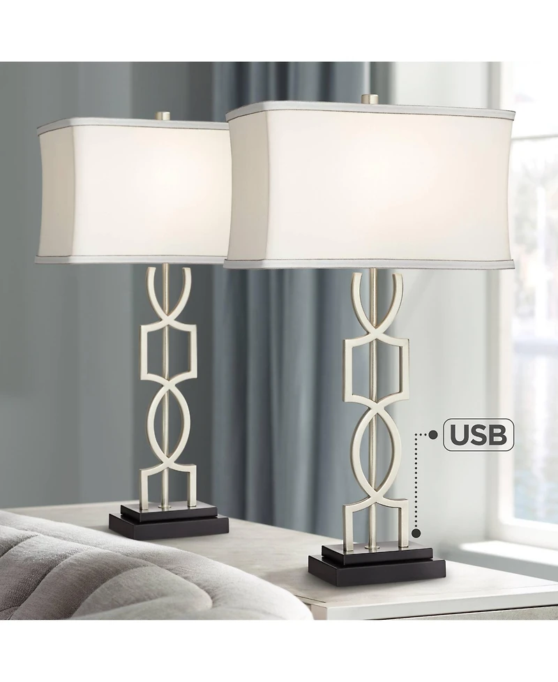 360 Lighting Evan Modern Table Lamps 28 1/2" Tall Set of 2 Brushed Nickel with Usb Charging Port White Rectangular Shade for Bedroom Living Room