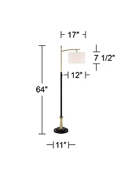 Possini Euro Design Modern Downbridge Floor Lamp 64" Tall Black Brass Metal Linen Drum Shade for Living Room Reading Bedroom Home