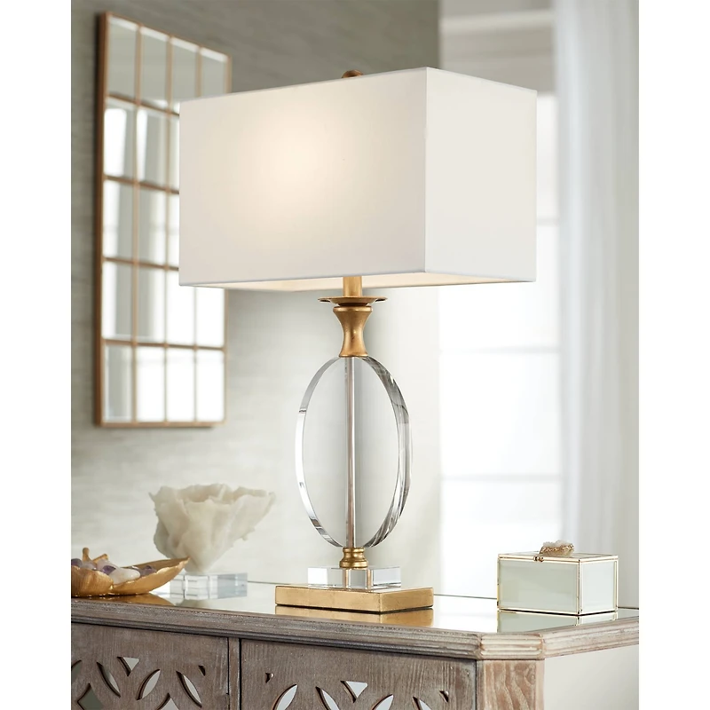 Vienna Full Spectrum Valerie Modern Table Lamp 28" Tall Gold Clear Crystal Glass White Rectangular Shade for Bedroom Living Room Bedside Nightsta