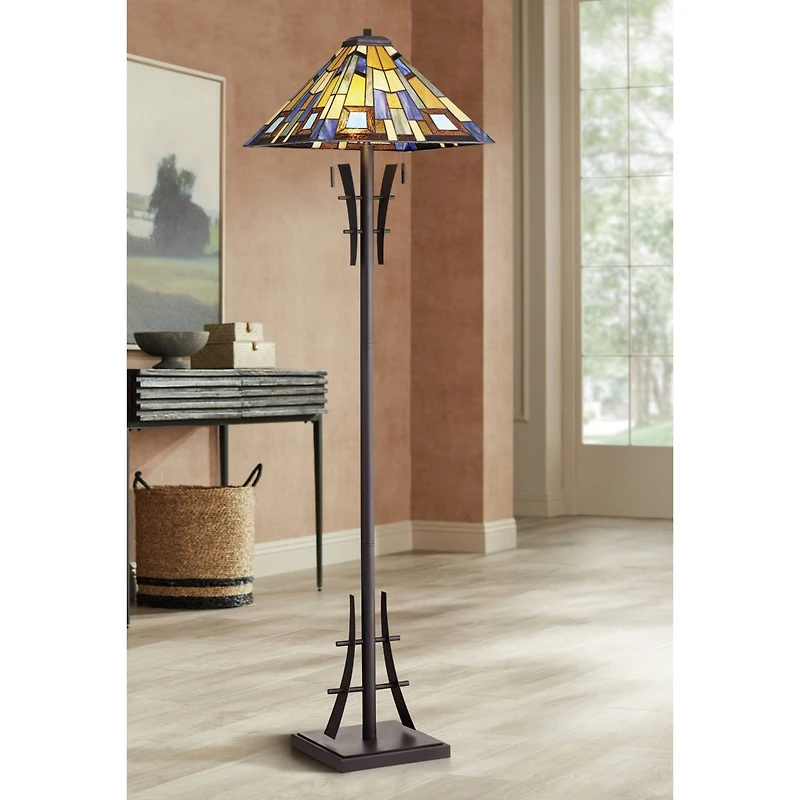 Robert Louis Tiffany Rustic Mission Asian Floor Lamp 62" Tall Bronze Iron Jewel Tone Stained Art Glass Shade for Living Room Bedroom Office House