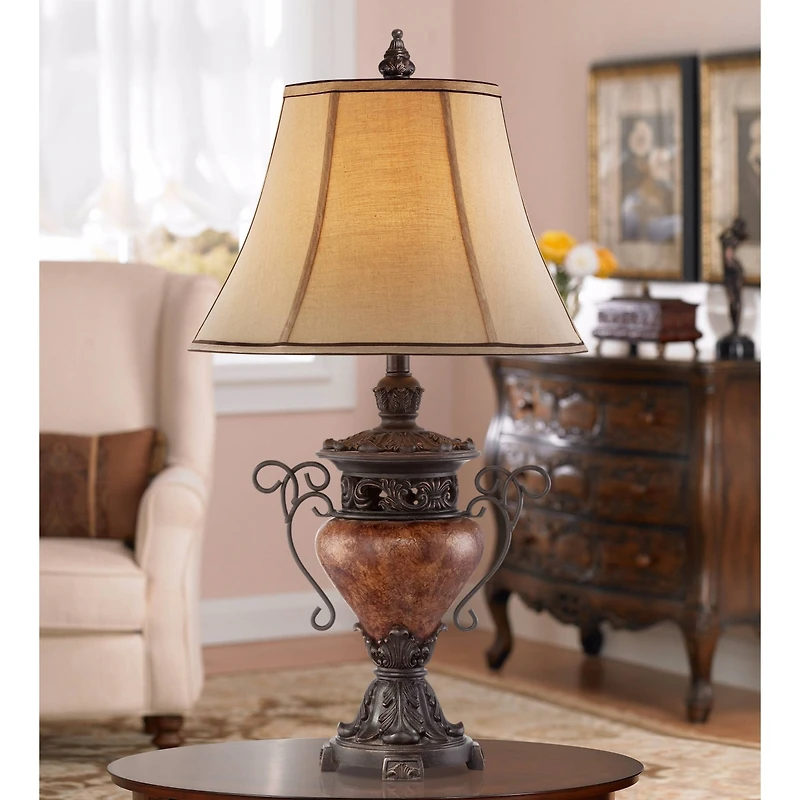 Regency Hill Traditional Table Lamp 31.5" Tall Bronze Crackle Urn Faux Silk Bell Shade for Living Room Family Bedroom Bedside Nightstand