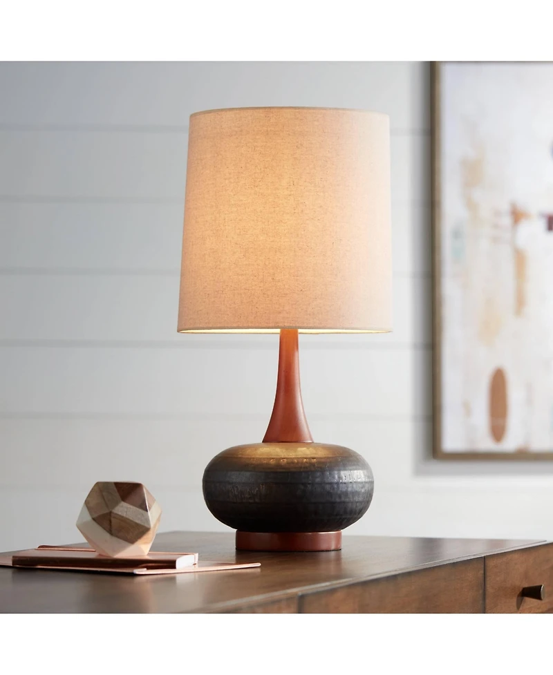 360 Lighting Andi Mid Century Modern Table Lamp 24.5" High Hammered Bronze Ceramic Wood Off White Tall Drum Shade for Living Room Bedroom House Bedsid