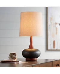 360 Lighting Andi Mid Century Modern Table Lamp 24.5" High Hammered Bronze Ceramic Wood Off White Tall Drum Shade for Living Room Bedroom House Bedsid