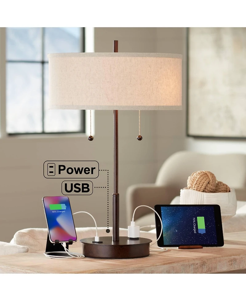 Nikola Modern Accent Table Lamp with Usb and Ac Power Outlet in Base 23 1/2" High Bronze Fabric Drum Shade for Bedroom Living Room House Desk Bed