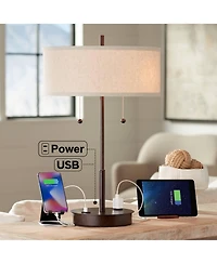 Nikola Modern Accent Table Lamp with Usb and Ac Power Outlet in Base 23 1/2" High Bronze Fabric Drum Shade for Bedroom Living Room House Desk Bed