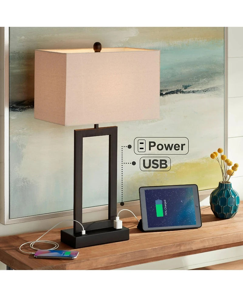 360 Lighting Todd Modern Table Lamp 30" Tall Bronze Rectangular with Usb and Ac Power Outlet in Base Oatmeal Fabric Shade for Living Room Office
