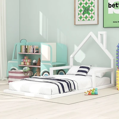 Simplie Fun Twin Size Wood Floor Bed With House-Shaped Headboard