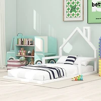 Simplie Fun Twin Size Wood Floor Bed With House-Shaped Headboard