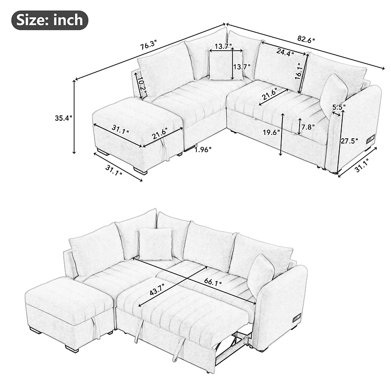 Simplie Fun Versatile L-Shaped Sofa Bed with Usb Ports, Movable Ottoman, & Pull-Out
