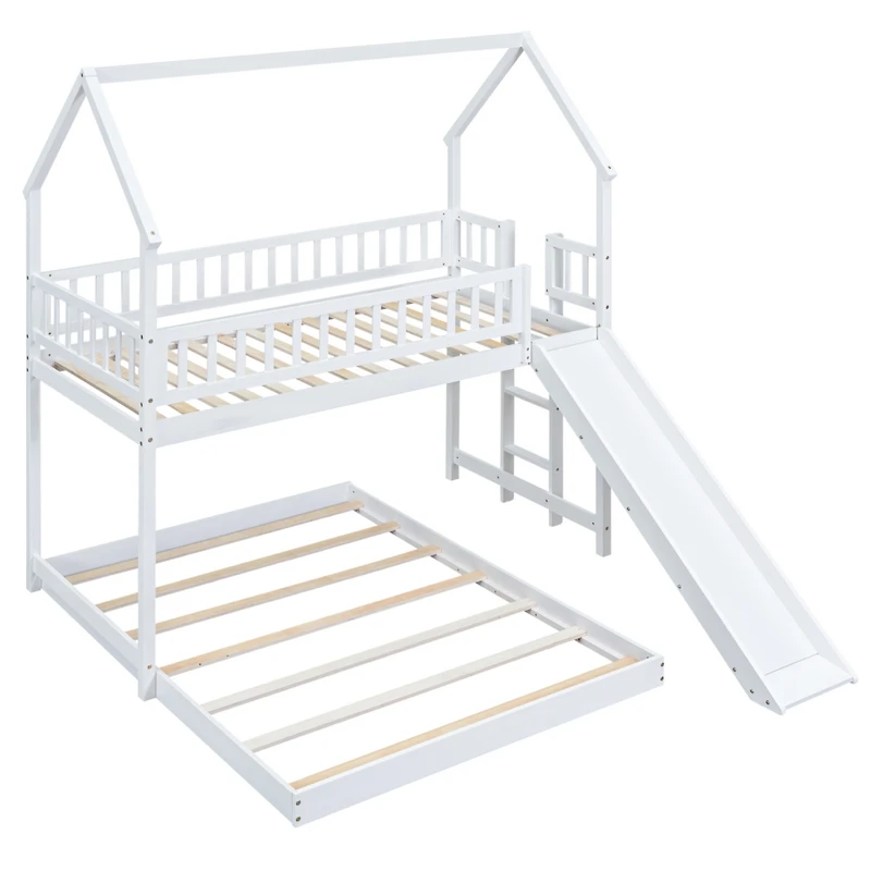 Twin Over Full House Bunk Bed With Slide And Built-In Ladder, Full-Length Guardrail