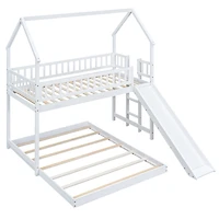 Twin Over Full House Bunk Bed With Slide And Built-In Ladder, Full-Length Guardrail