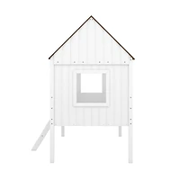 Simplie Fun Twin Size Low Loft Wood House Bed With Two Side Windows