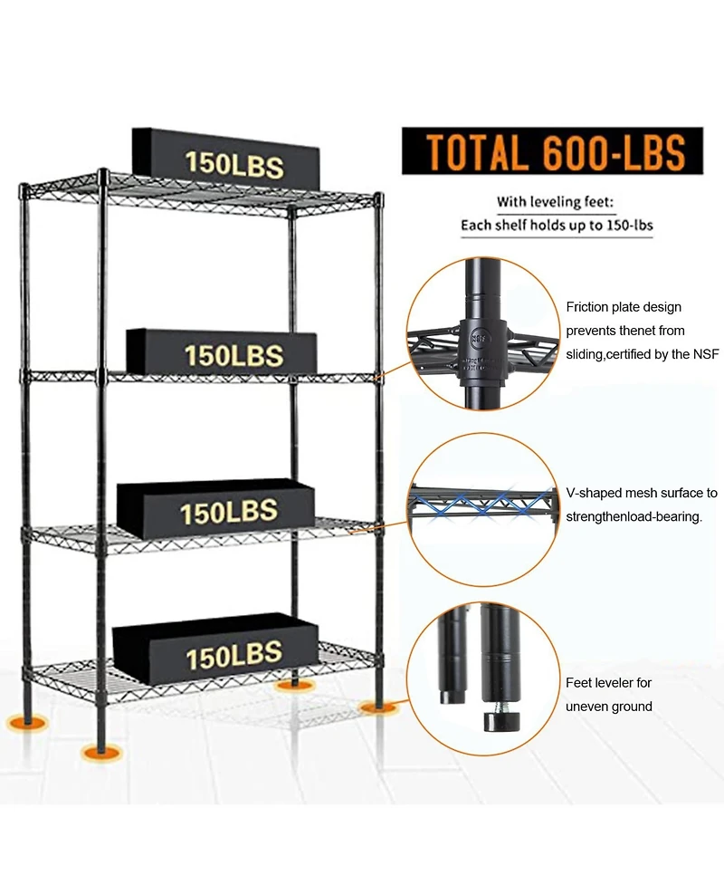 Sugift 4-Tier Steel Kitchen Storage Shelf Storage Pantry Organizer in Black