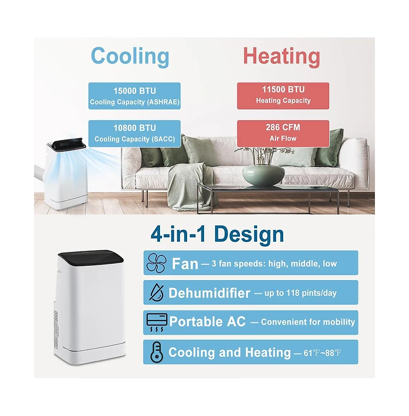 15000 Btu Portable Air Conditioner with Heat and Auto Swing