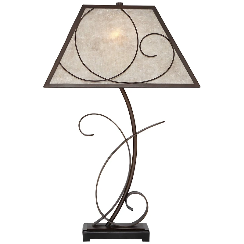 Teri Rustic Farmhouse Table Lamp 27" Tall Vintage like Brown Scroll Metal Light Mica Tapered Rectangular Shade for Bedroom Living Room House Home