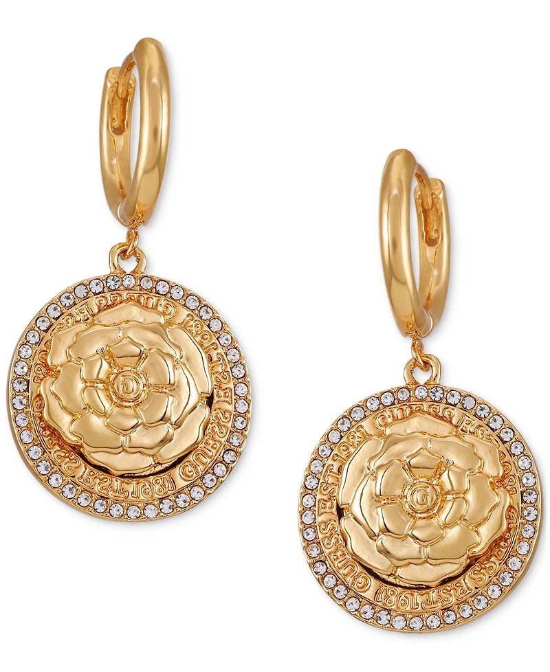 Guess Gold-Tone Pave-Edged Flower Charm Hoop Earrings