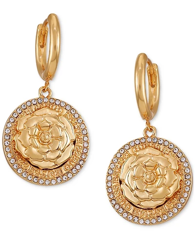 Guess Gold-Tone Pave-Edged Flower Charm Hoop Earrings