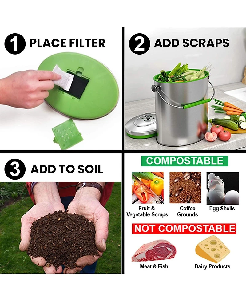iTouchless Stainless Steel Compost Bin 1.6 Gallon Includes AbsorbX Odor Filter System, Pest-Proof, Titanium Rust-Free Space-efficient Slim Oval Shape