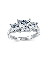 Bling Jewelry 3CTW Square Cz Ring Cubic Zirconia Past Present Future Three Stone Promise Sterling Silver